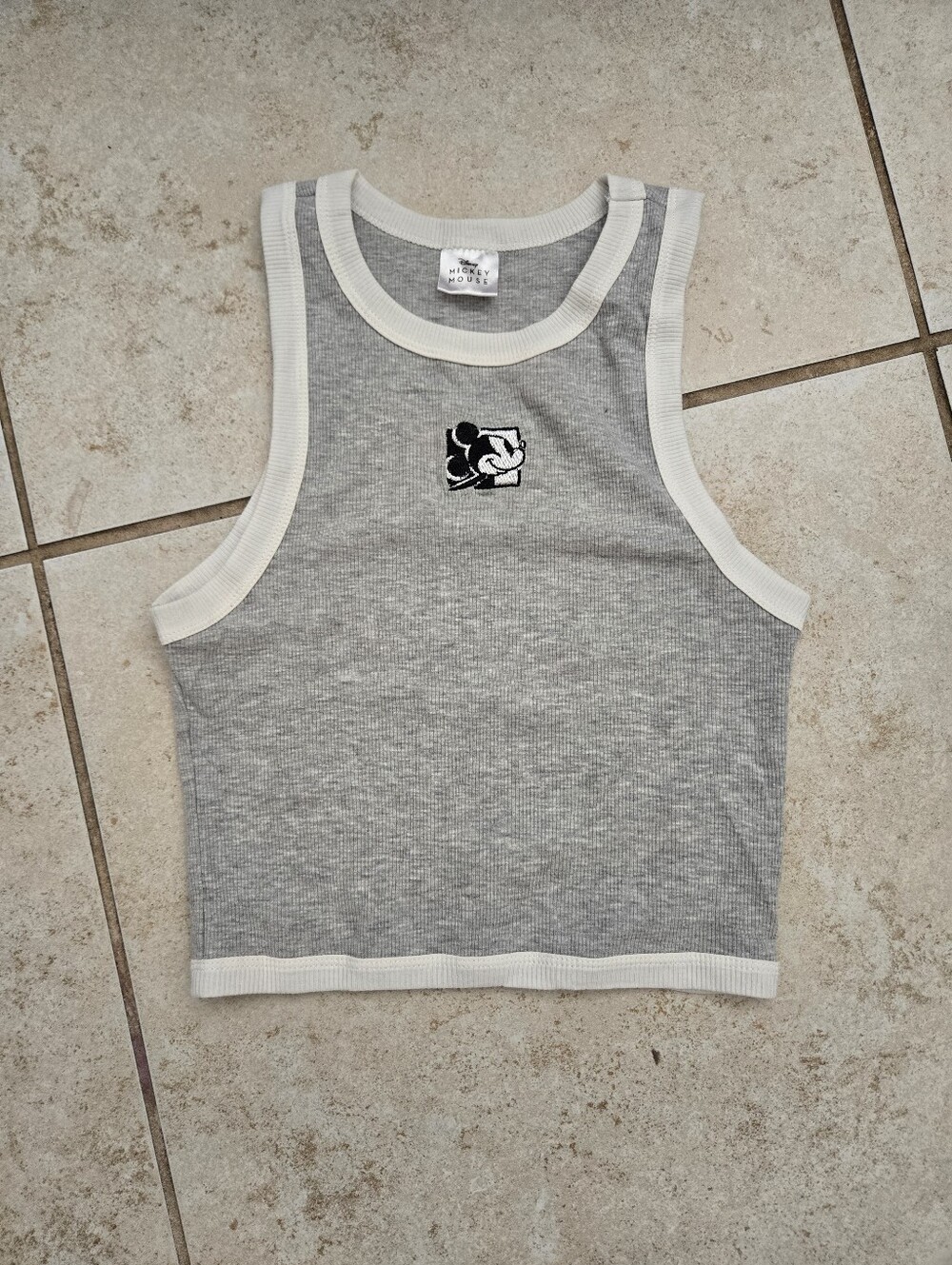 Cropped Teen Ribbed Grey Tank Top with White Trim - Mickey Mouse Graphic